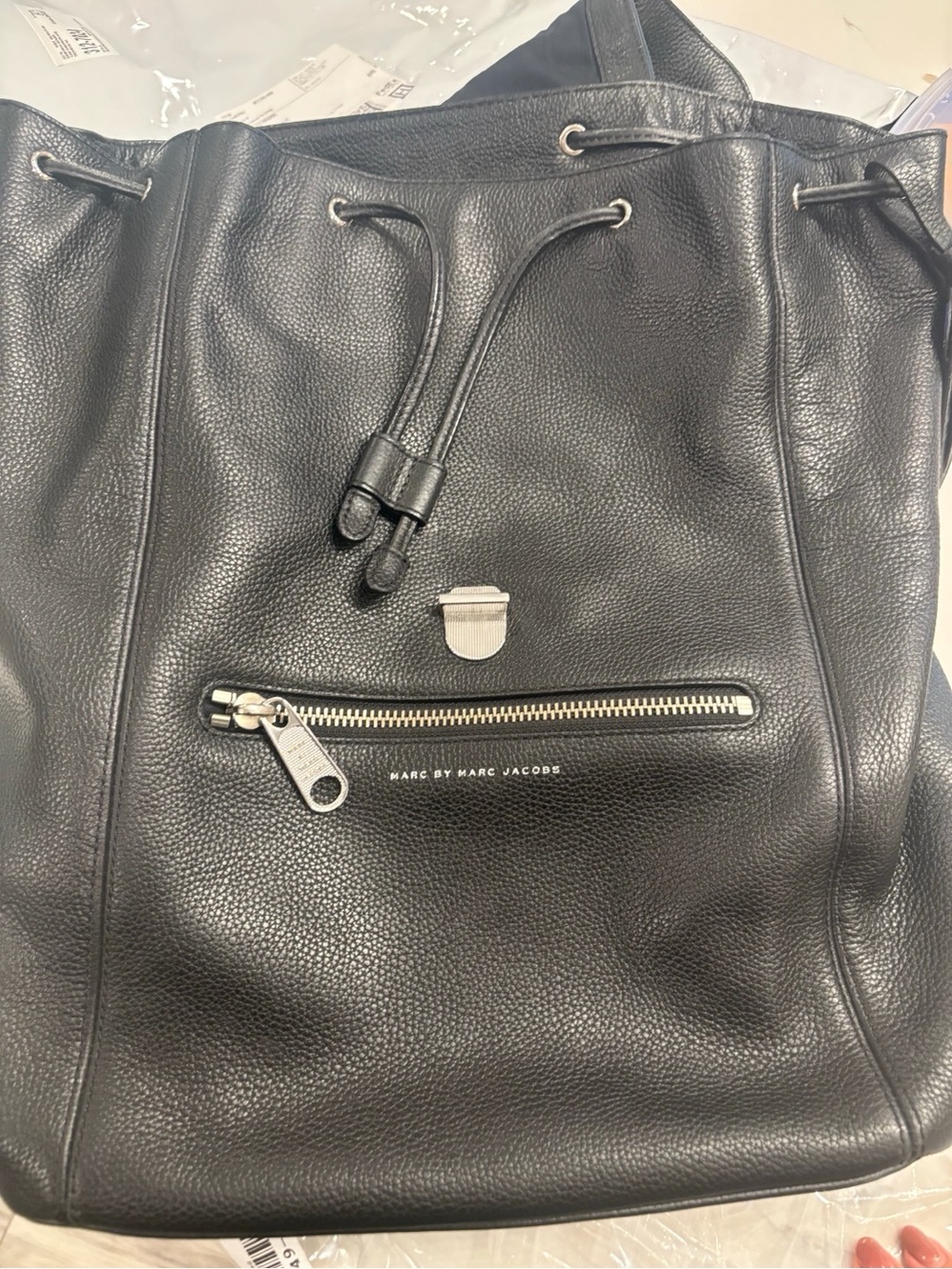 Marc Jacobs Black Pebbled Leather Drawstring Backpack with Front Zip
